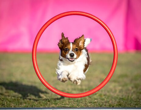 Energetic Small Dog Jumping Through Red Hoop on Grassy Field