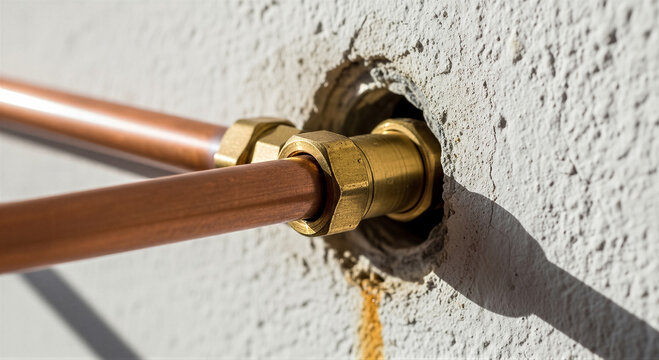 Closeup of copper pipes connected to a wall with brass compression fittings, showing plumbing installation and maintenance concept