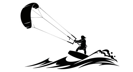 Kitesurfer silhouette riding wave, extreme water sport, dynamic action © anida