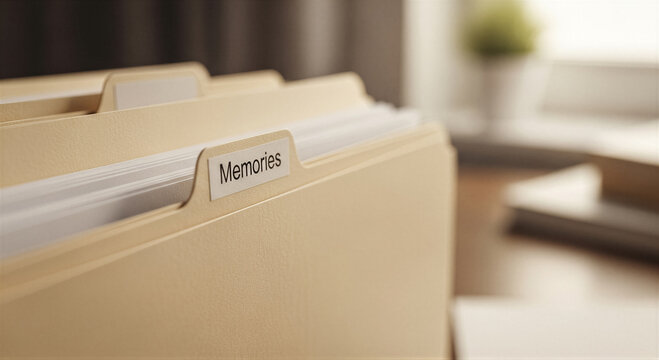 Closeup of a manila file folder labeled memories, organized in a filing cabinet, representing nostalgia, record keeping, and personal history