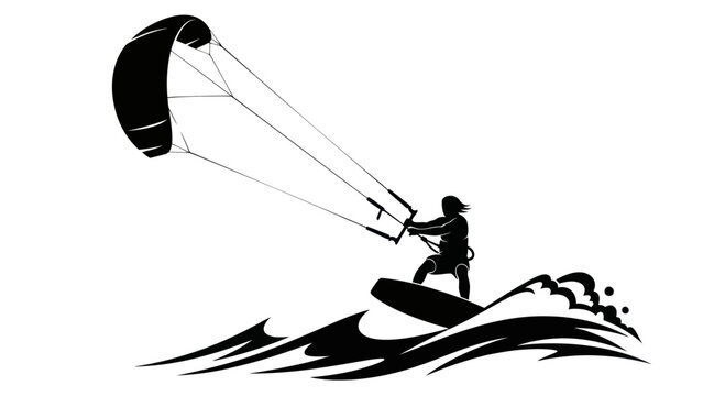 Kitesurfer silhouette riding wave, extreme water sport, dynamic action