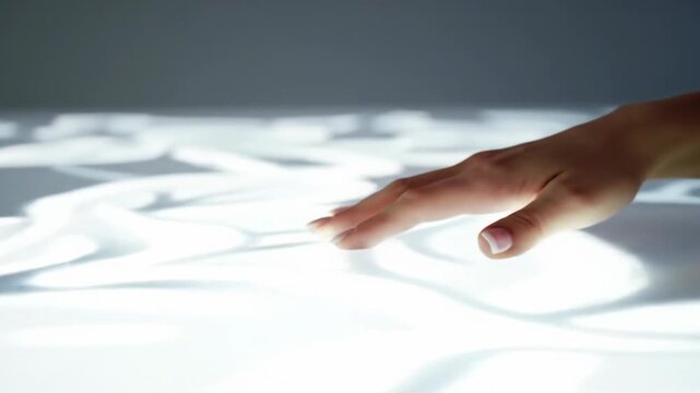 Smooth tracking video, pristine white surface, glowing organic patterns. Gender-neutral hand creates light ripple. High-key studio lighting, shallow DOF. Concept of innovation