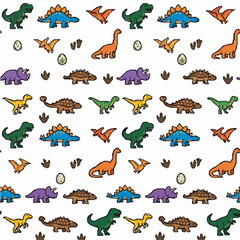 Colorful seamless vector pattern illustration featuring various cute cartoon dinosaurs like t-rex stegosaurus triceratops and pterodactyls on white background © Faiz art