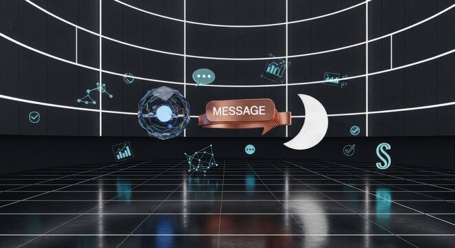 Futuristic Conceptual Visualization of Global Asynchronous Collaboration with Floating Glass Globe, Copper Message Bubble, and Alabaster Moon Sculptures in a Grand Architectural Void