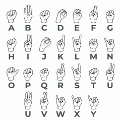 Detailed black and white vector illustration showing the complete american sign language alphabet for deaf communication and educational learning purposes © Faiz art