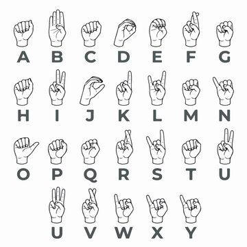 Detailed black and white vector illustration showing the complete american sign language alphabet for deaf communication and educational learning purposes