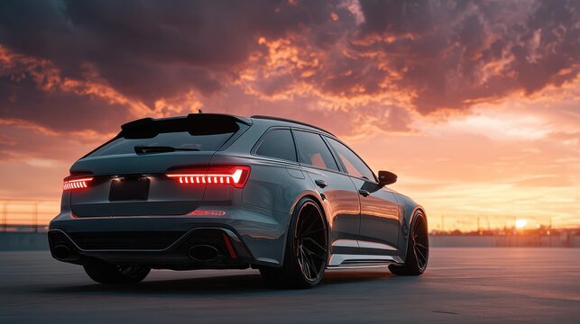 Luxury Performance. Rear view of a gray Audi RS6 station wagon parked on a concrete rooftop at sunset, representing automotive luxury and modern lifestyle.