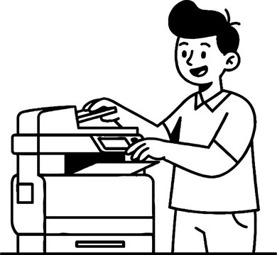 Happy person operating modern office photocopier machine.