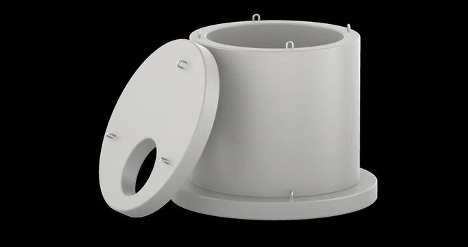 Concrete manhole chamber with round cover rotation animation seamlessly loopable. 3D rendering isolated on transparent background