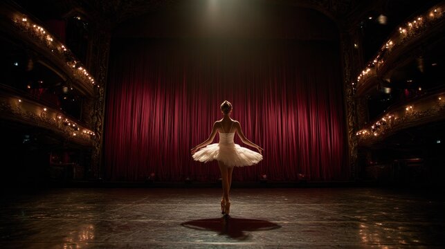 Majestic prima ballerina performing alone on a grand theater stage beneath dramatic lights and luxurious velvet curtains