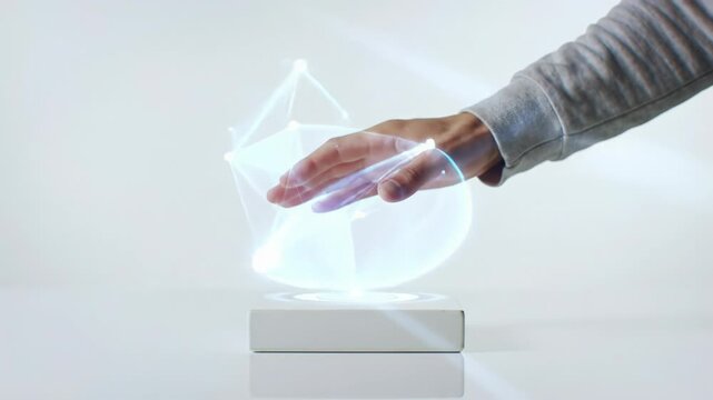 A sleek unbranded white ceramic block on a high-gloss surface in an ultra-minimalist studio. A hand hovers, animating abstract digital graphics. Concept of modern tech UI/UX and idea genesis