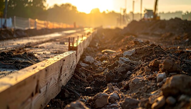 Golden Road Construction Site at Sunset with Wooden Concrete Formwork