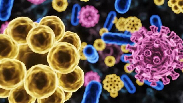 Microscopic view of various viruses and bacteria clusters floating in fluid. Scientific investigation of pathogen structure for medical research and biology study.
