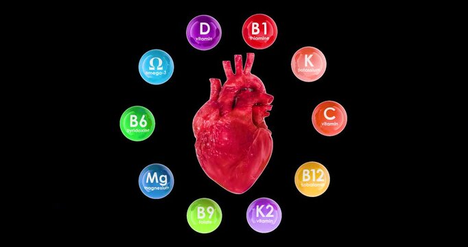 Human heart with vitamins and minerals essential for cardiovascular health animation seamlessly loopable. 3D rendering isolated on transparent background