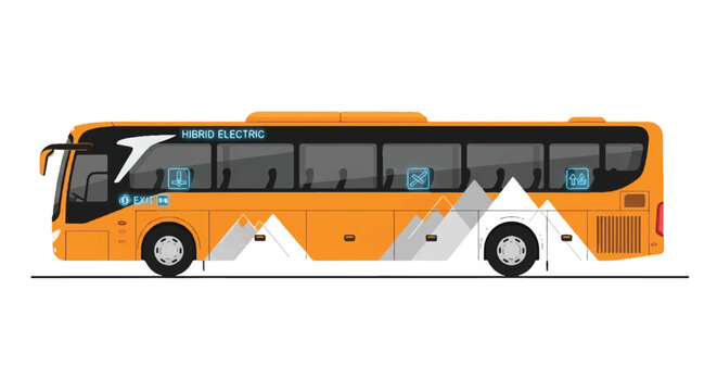 A large orange bus drives on a road with mountains illustrated on its side.
