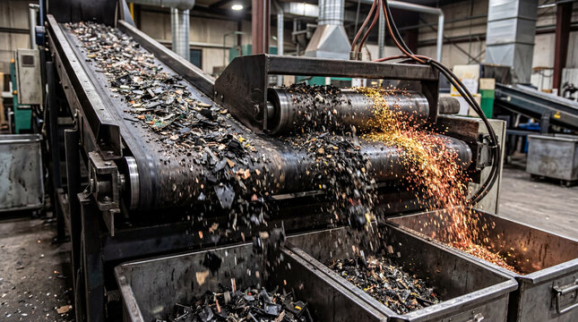 Shredded Electronic Waste Components Moving Along Industrial Electrostatic Separator Conveyor Belt System For Sorting Recycling
