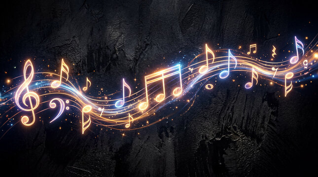 Floating musical notes made of light over a textured black background rhythm and audio sound