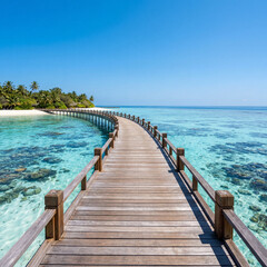 Obraz premium Scenic Long Wooden Jetty Stretching Into Shallow Coral Lagoons Under Bright Tropical Blue Summer Skies