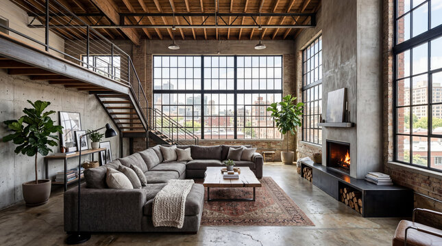 Urban Loft Apartment Common Room With A Double Height Ceiling Large Industrial Window Design Architecture
