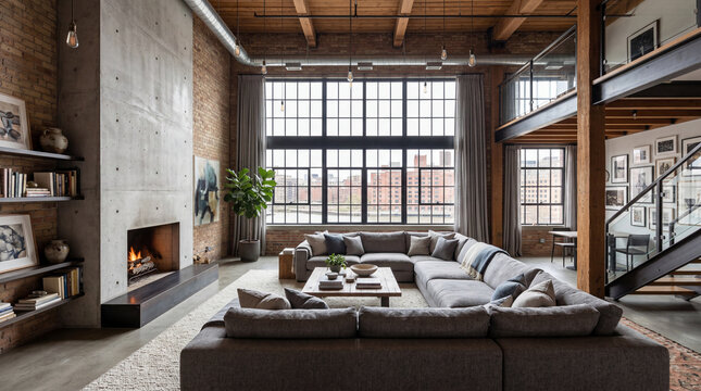Urban Loft Apartment Common Room With A Double Height Ceiling And Large Industrial Frame Windows