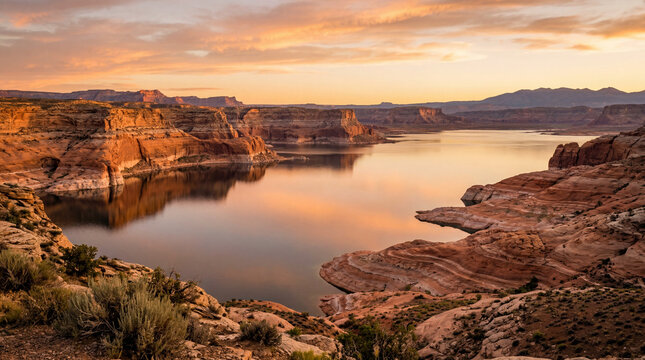 Golden hour sun illuminating ancient stratified rock layers around massive western desert canyon landscape photography