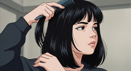 Naklejka premium Young woman with black hair brushing her bob hairstyle in a mirror, morning self-care routine, lifestyle concept for beauty and personal grooming content