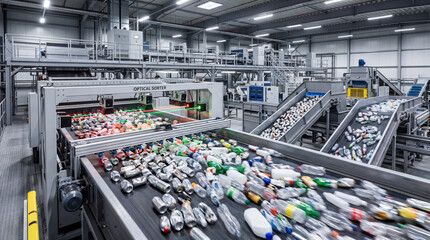 Fototapeta premium Automated industrial sorting conveyor belt operating inside modern state of art eco recycling plant facility