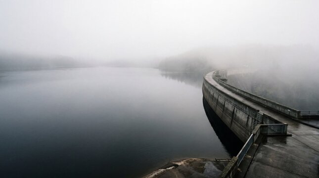 Heavy morning winter fog blanketing vast silent water reservoir with concrete industrial dam wall background