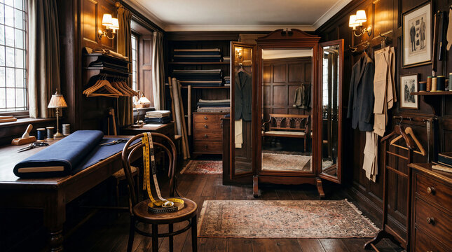 Traditional custom tailor fitting room interior featuring dark premium wood panels and warm elegant lighting