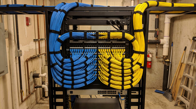 Server rack patch panel inside building maintenance closet featuring neatly bundled blue network cables connection