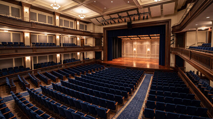 Naklejka premium Elegant Institutional Auditorium With Deep Navy Velvet Upholstered Theater Seating Inside Luxury Concert Hall Interior
