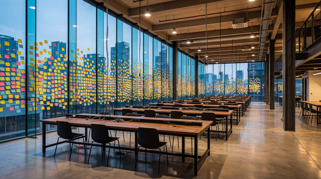 Creative technology hackathon hall featuring floor to ceiling glass walls covered in colorful sticky notes