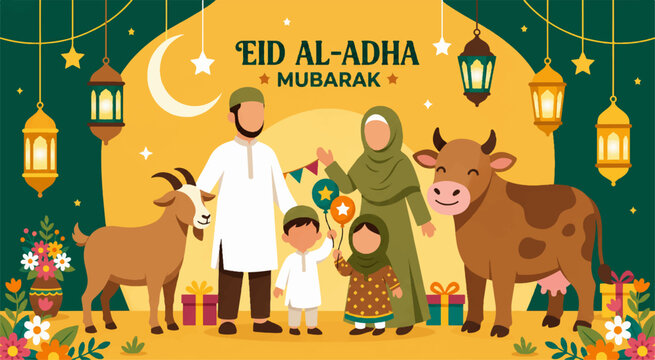 Family Celebrating Eid Al-Adha with Cow and Lanterns in Festive Islamic Decor
