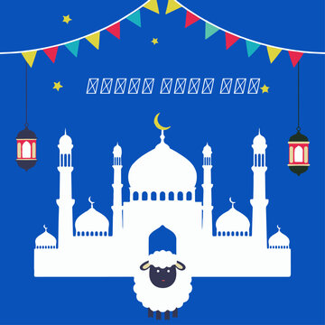 Colorful Eid al-Adha celebration illustration with mosque and festive decorations at night