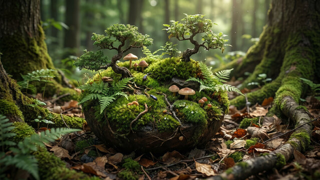 Enchanting Miniature Forest Ecosystem With Tiny Bonsai Trees Moss And Mushrooms Growing On A Stump Highlighting Ecological Wonder Fantasy Nature And Magical Green Woodlands