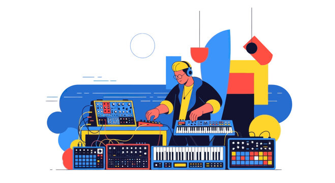 DJ making music with synthesizers and drum machines, electronic music production
