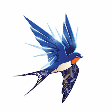 A blue bird with an orange face and white chest flies through digital circuit patterns.
