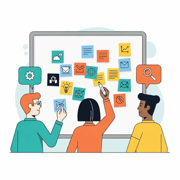 People brainstorming ideas on a large whiteboard with colorful sticky notes