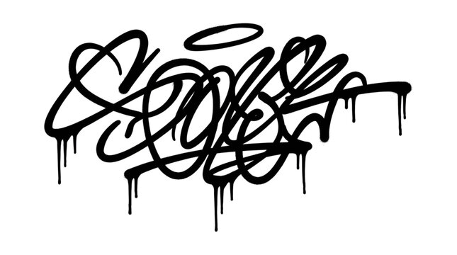 Graffiti tag lettering style, handdrawn street art calligraphy, black ink marker style with drips
