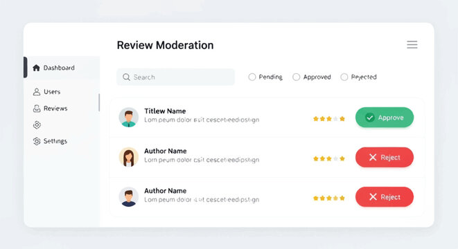 A screenshot of a dashboard review moderation interface shows a pending list with ratings and author names.