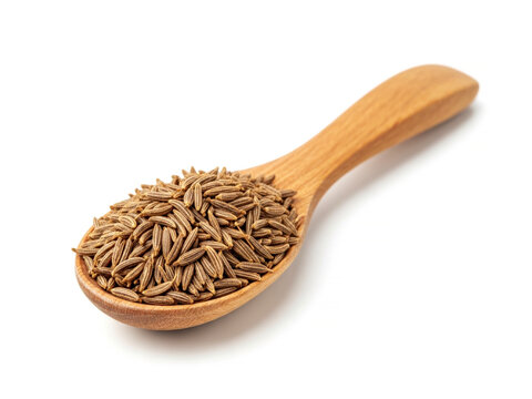 Aromatic dried cumin seeds in traditional wooden spoon isolated on white background for culinary spice concepts