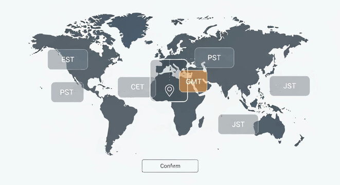 Global Map Display Showing Various Time Zones and Locations Worldwide