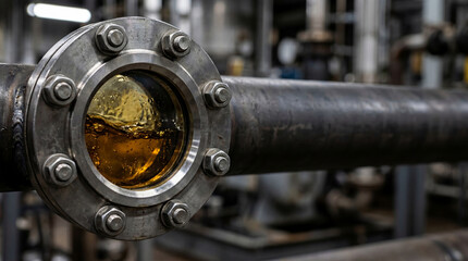 Fototapeta premium Oil flowing through sight glass in steel pipe. Industrial petrochemical plant pipeline system detail. Refined fuel monitoring, energy industry infrastructure, production technology concept.