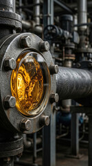 Fototapeta premium Oil flowing through industrial glass gauge on pipe at refinery. Chemical processing equipment for fuel production. Energy sector technology and metal pipeline infrastructure detail.