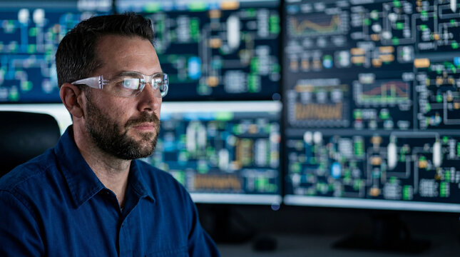 Male operator in safety glass monitoring oil refinery process control system. Professional engineer observing digital industrial production data on dashboard. Energy sector technology.