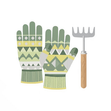 A pair of green gardening gloves and a metal cultivator fork on a surface