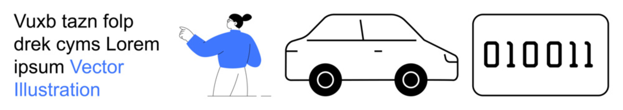 Technology integration, transportation, binary coding, data analysis, user interaction, communication design. Person gesturing, car outline and binary number code . Technology integration