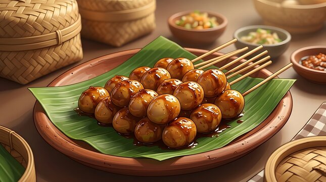Savory Indonesian quail egg satay skewers glazed in sweet soy sauce served on a banana leaf and clay plate.