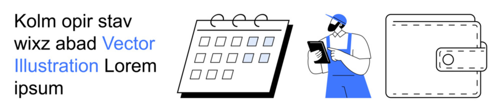 Business planning, financial management, delivery services, scheduling, logistics, online shopping. Calendar, worker with tablet and wallet. Business planning and financial management concept
