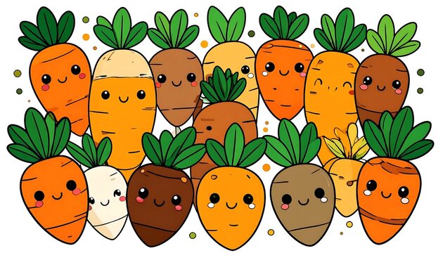 Cute Cartoon Root Vegetables Smiling Together on White Background